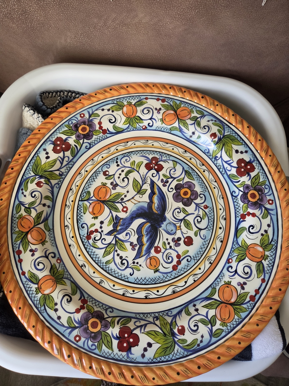 Hand-Painted Decorative Ceramic Serving Plate - Blue & Orange